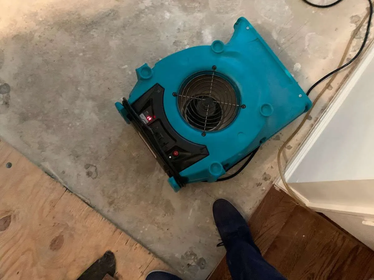 Air mover drying subfloor during Leak Detection & Repair in Hiram